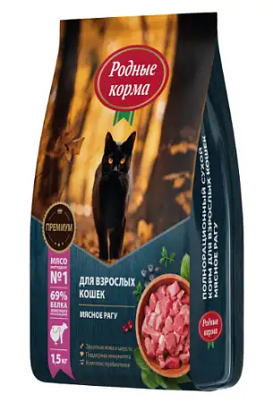 Купить Родные корма сухой корм для взрослых кошек, с мясным рагу